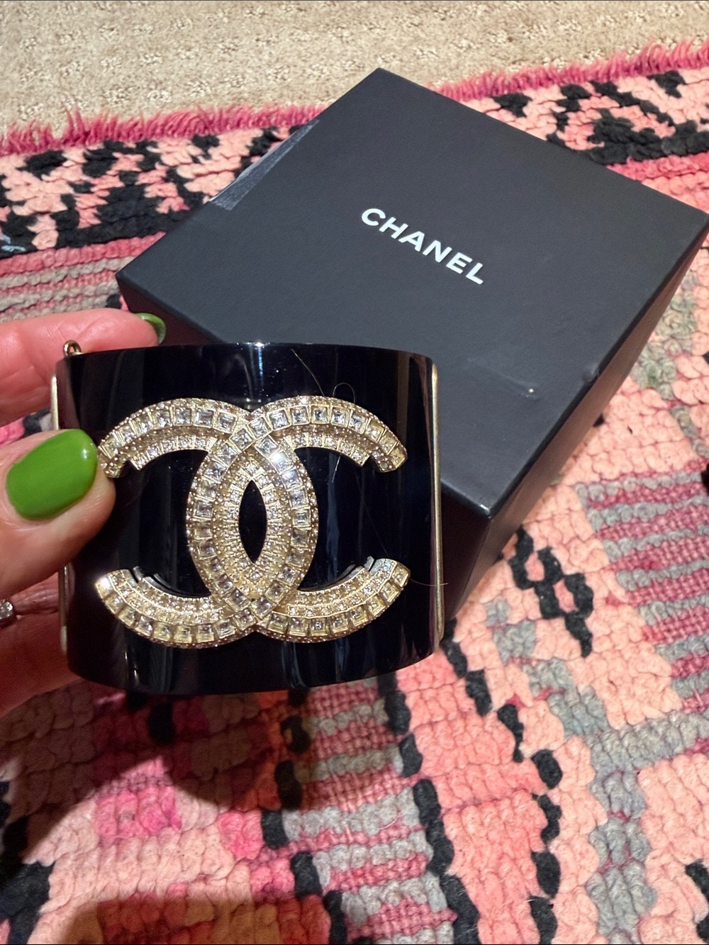 CHANEL Black Resin Cuff Bracelet with Gold Crystal CC Emblem